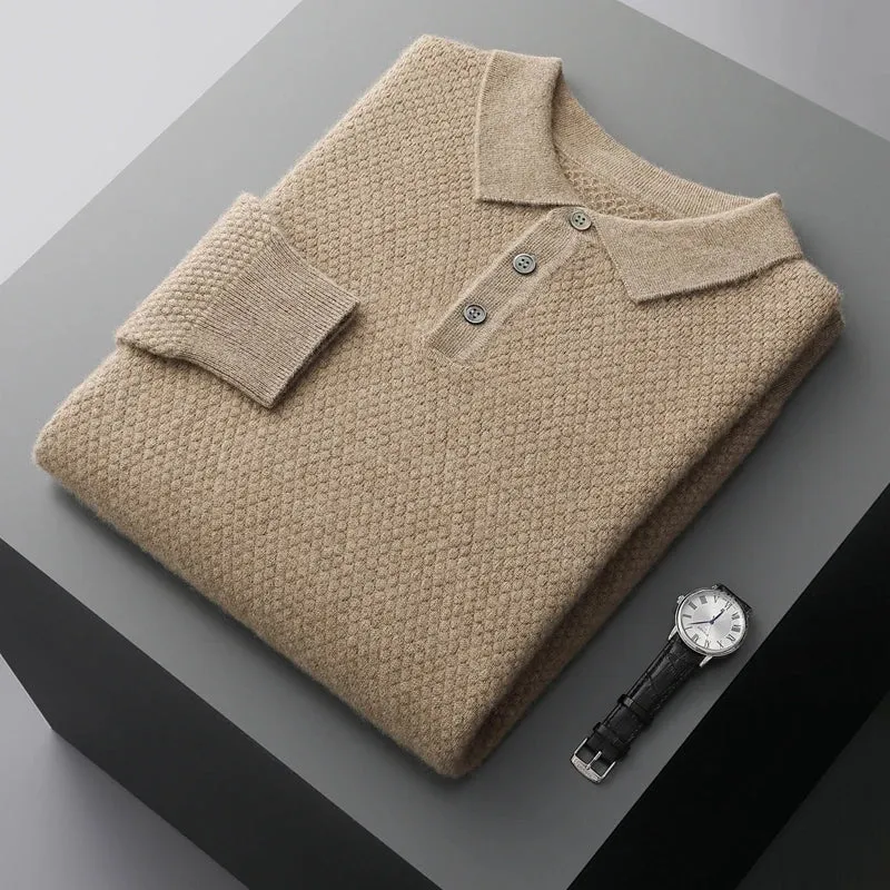 100 % Cashmere Sweater for Men Winter Turn-Down Collar Knitted Pullover Solid Long Sleeve Polo Shirt Soft Warm Sweaters