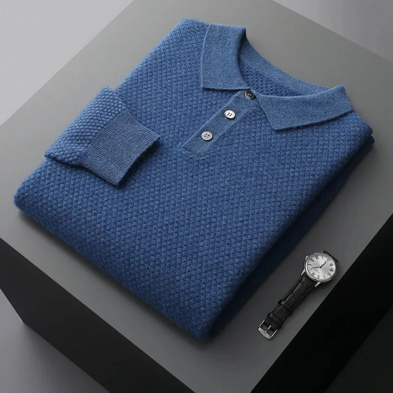 100 % Cashmere Sweater for Men Winter Turn-Down Collar Knitted Pullover Solid Long Sleeve Polo Shirt Soft Warm Sweaters