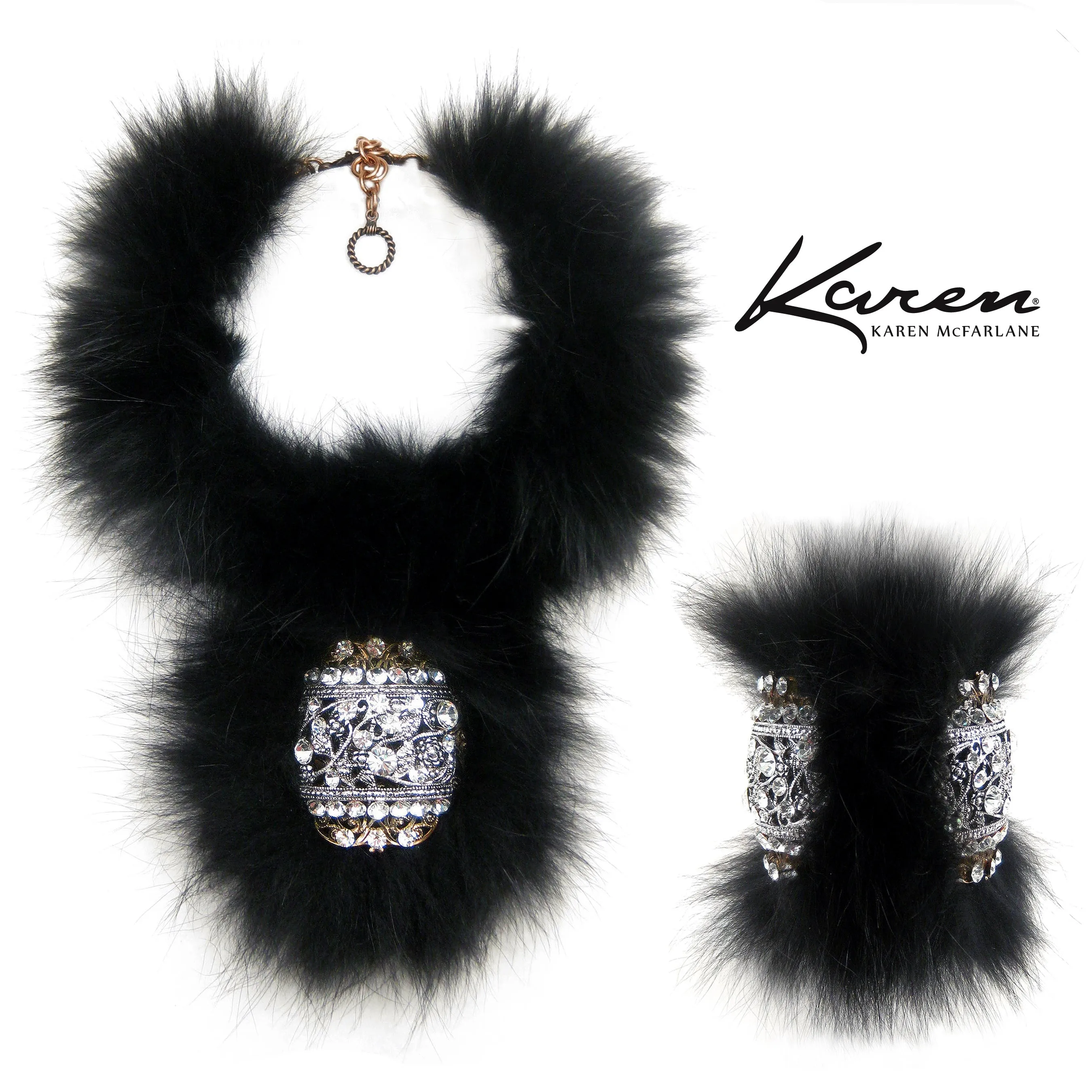 #1077n Old Silver/Gold Tone, Rhinestone & Black Fur Pendant Choker