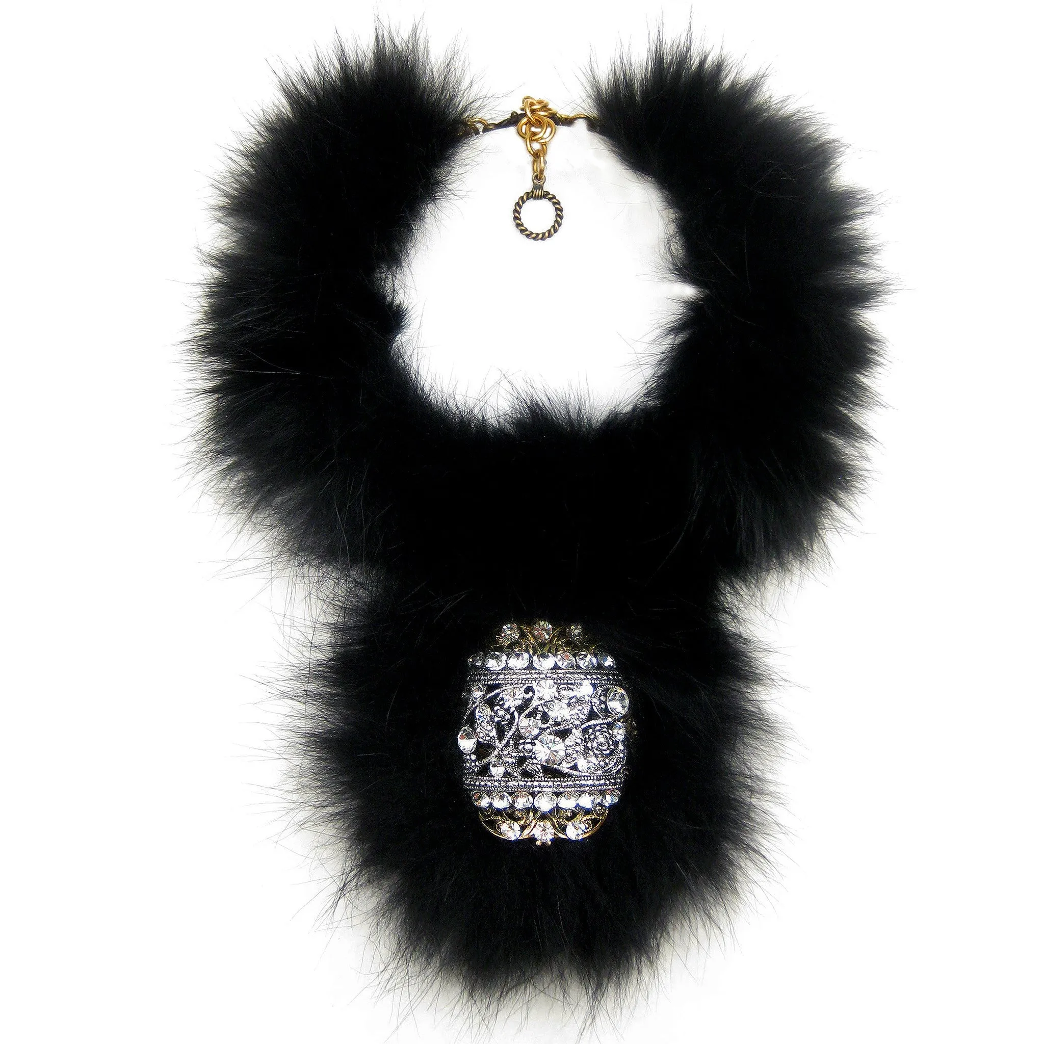 #1077n Old Silver/Gold Tone, Rhinestone & Black Fur Pendant Choker