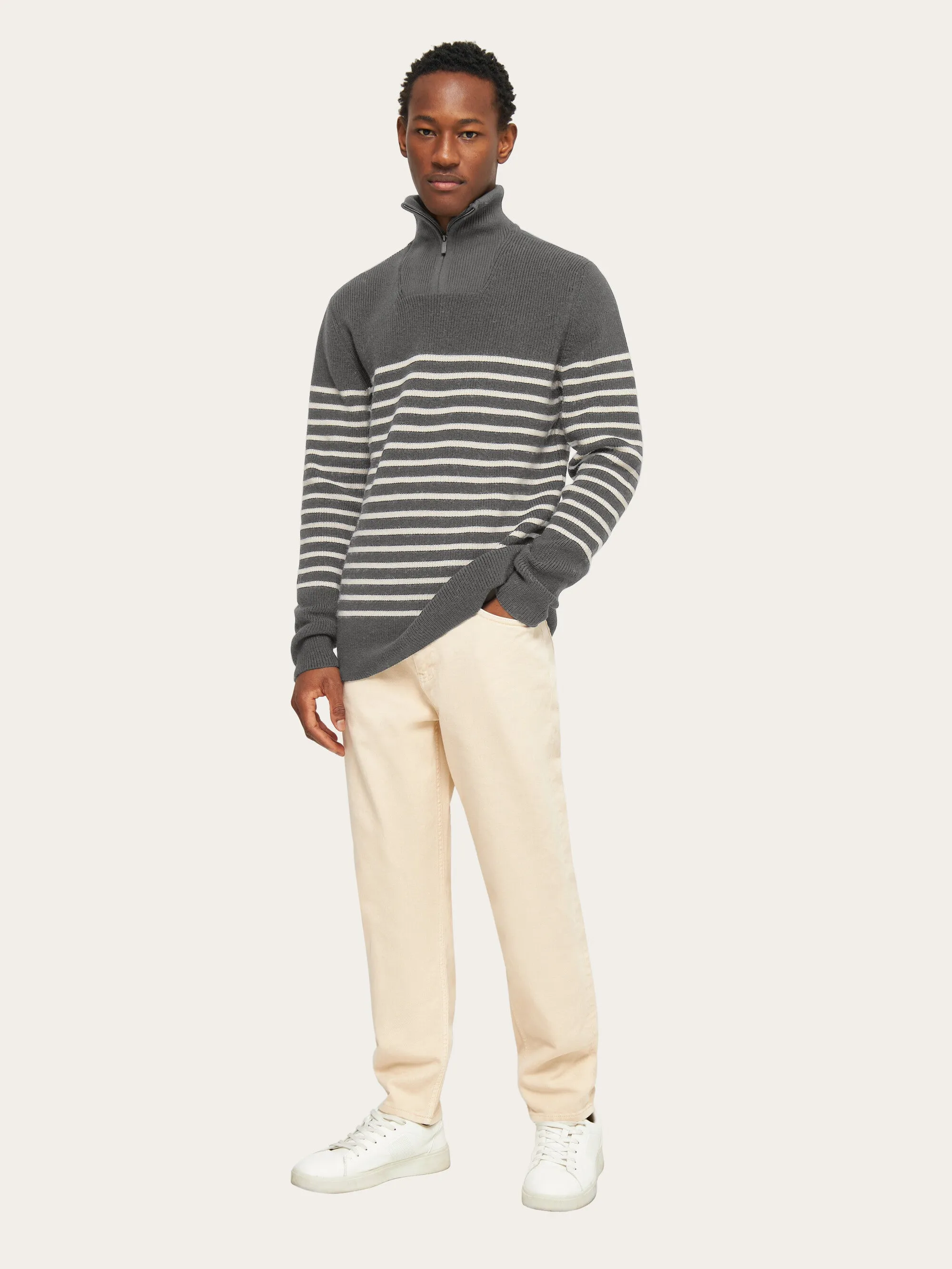 1/2 neck zip merino wool rib knit - Grey stripe