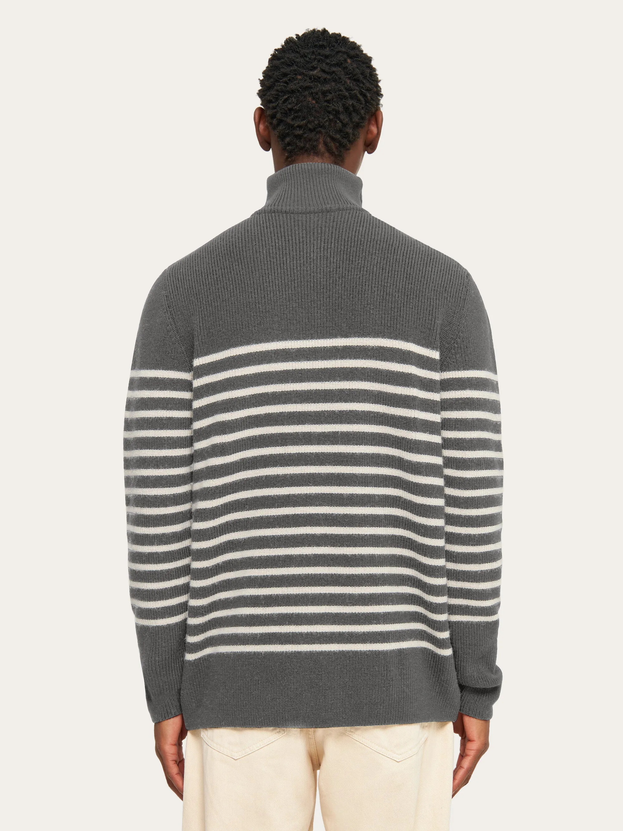 1/2 neck zip merino wool rib knit - Grey stripe