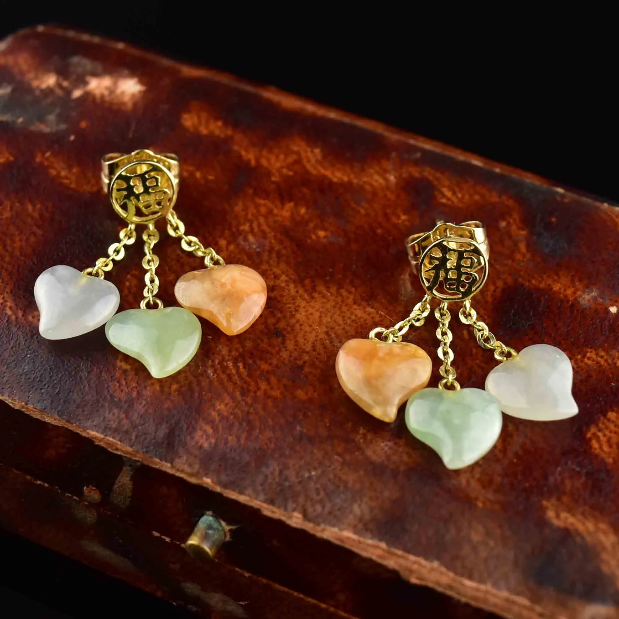 14K Gold Natural Jade Witches Heart Dangle Earrings