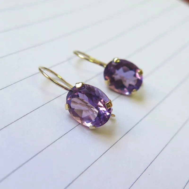 14K Yellow Gold Oval Purple Amethyst 8X10mm Dangle Earrings