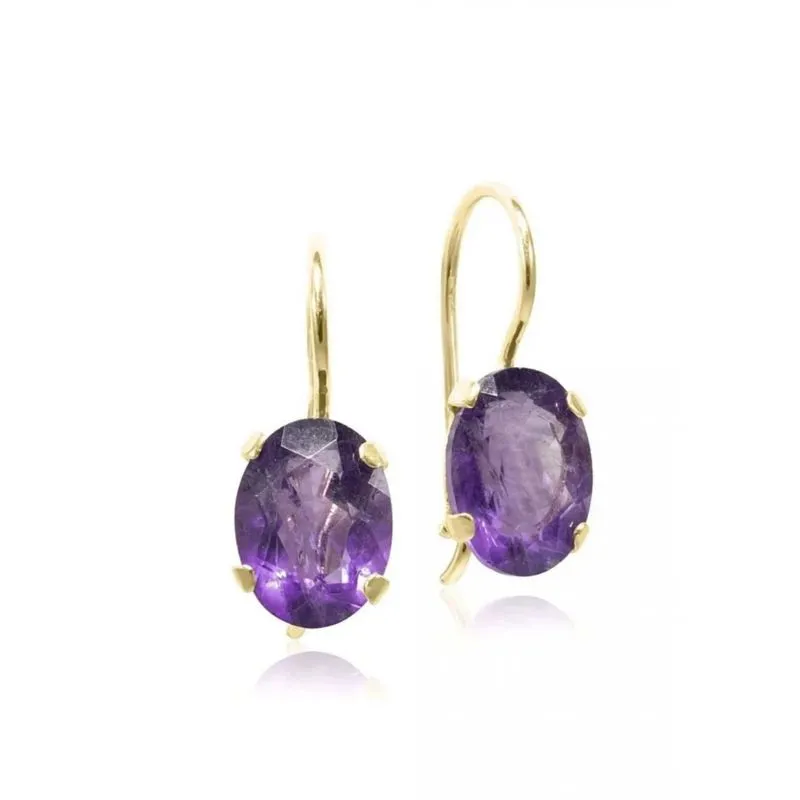 14K Yellow Gold Oval Purple Amethyst 8X10mm Dangle Earrings