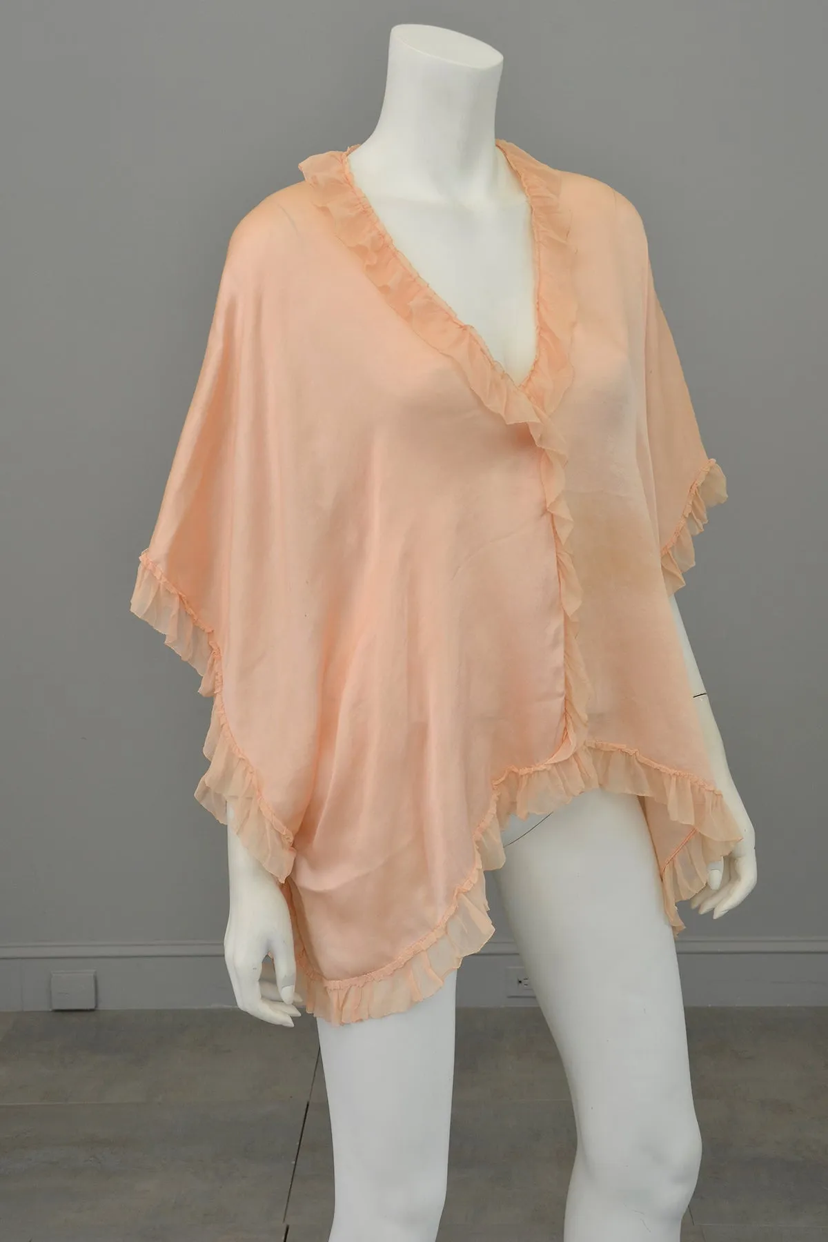 1920s Peachy Pink Silk Satin / Crepe Chiffon Ruffle Capelet Cape Shrug | Restoration Piece