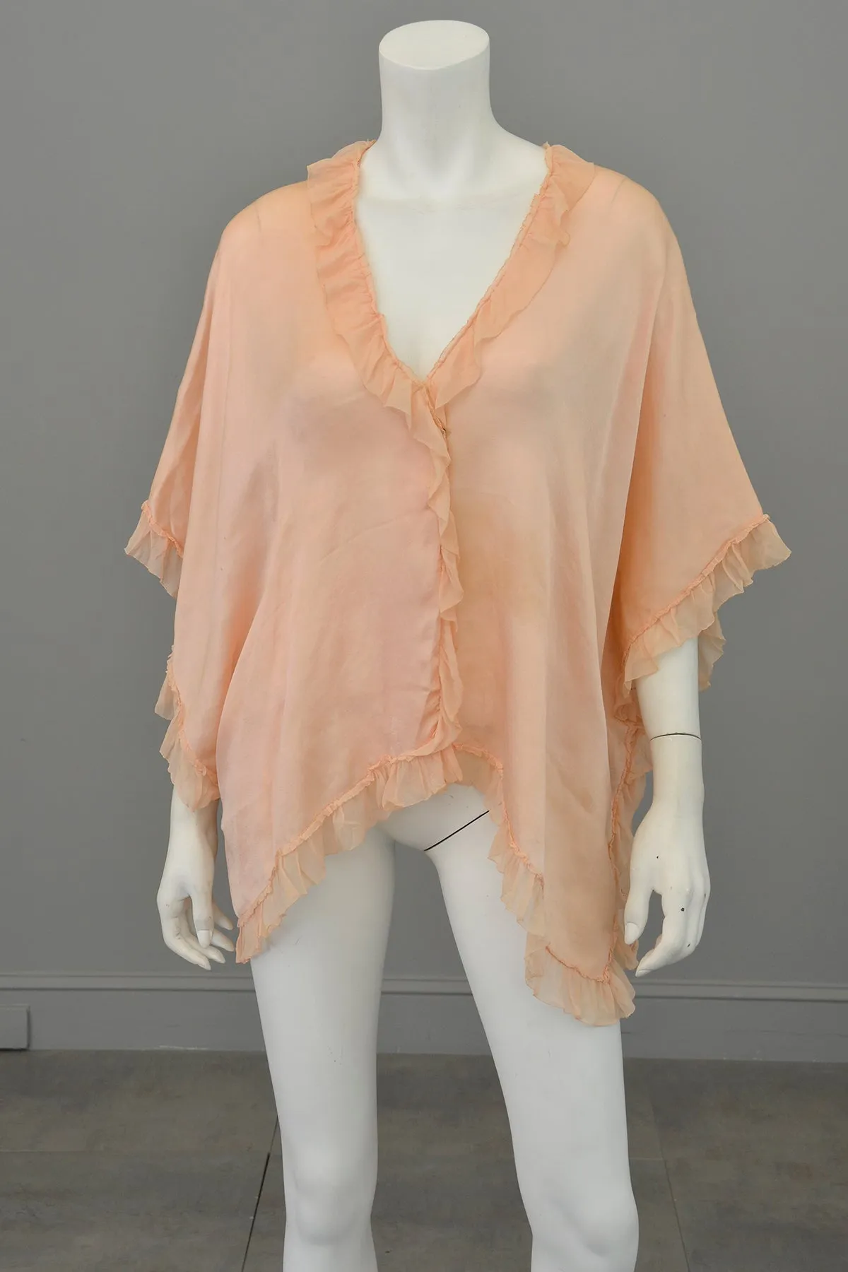 1920s Peachy Pink Silk Satin / Crepe Chiffon Ruffle Capelet Cape Shrug | Restoration Piece