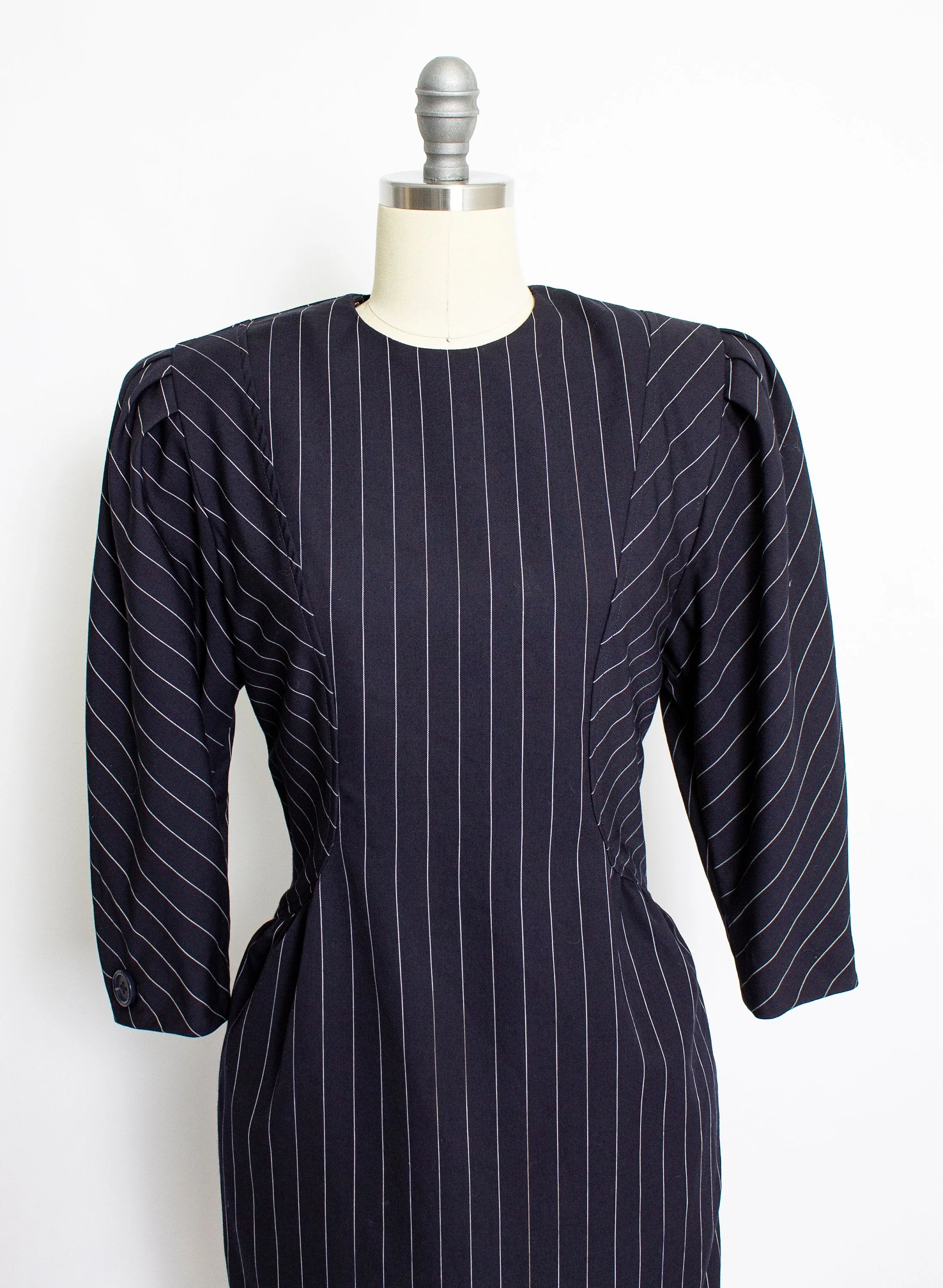 1980s Dress ALBERT NIPON Pin Striped Navy Small