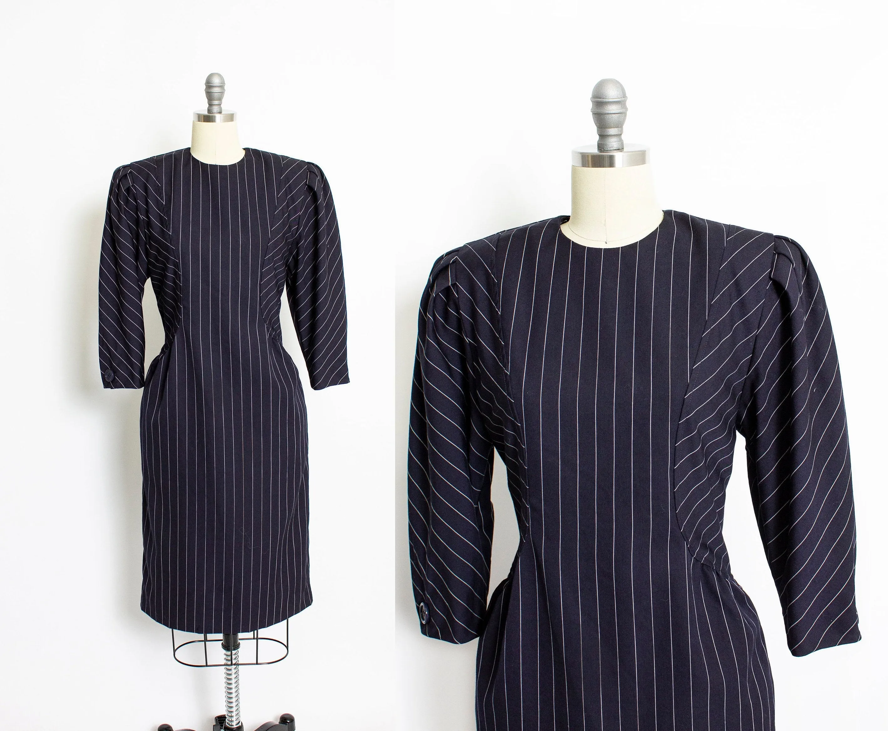 1980s Dress ALBERT NIPON Pin Striped Navy Small