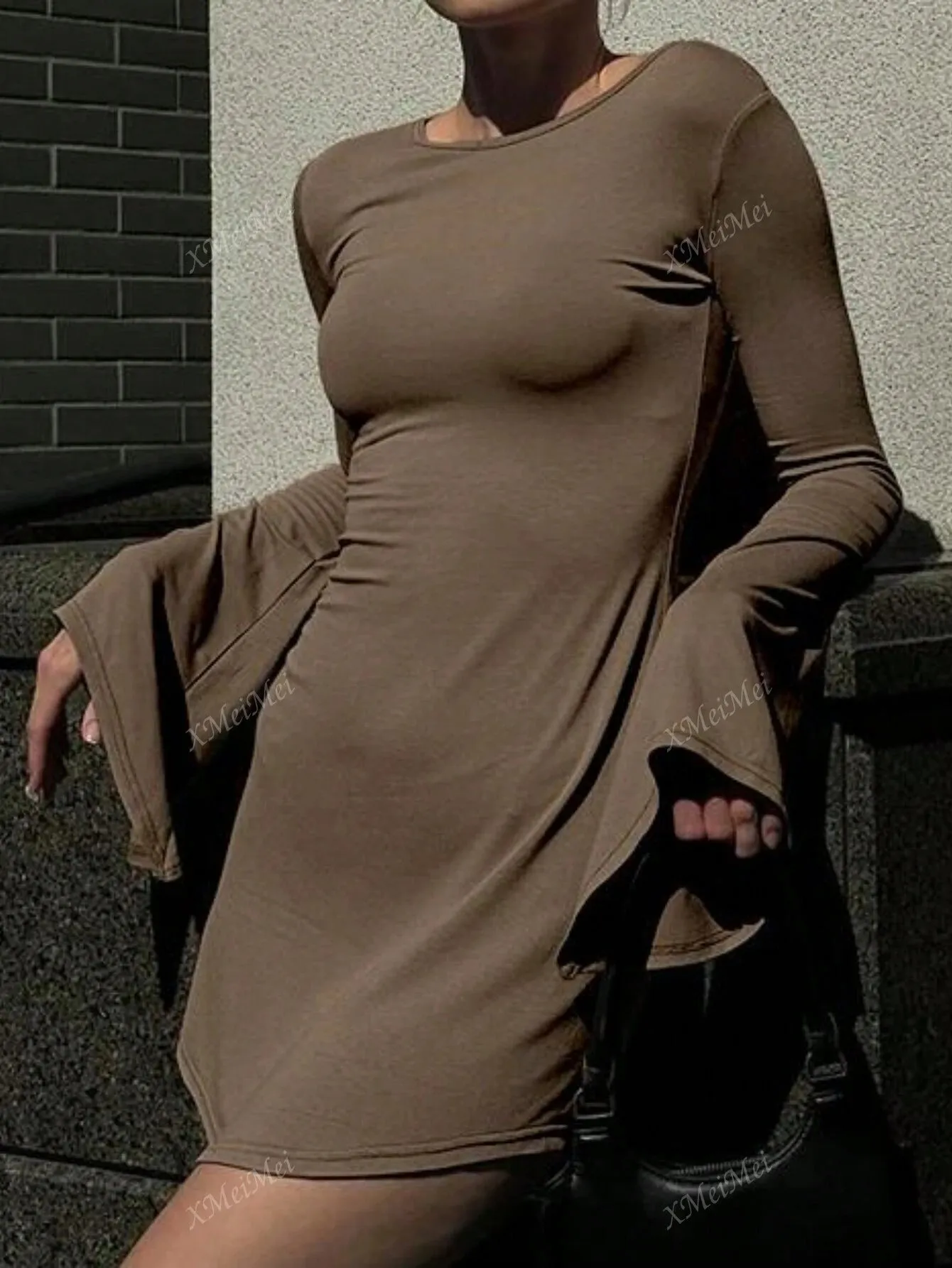 2024 New Arrival Fashion Elegant Fitted Round Neck Long Sleeve Bodycon Midi Dress For Women, Fall