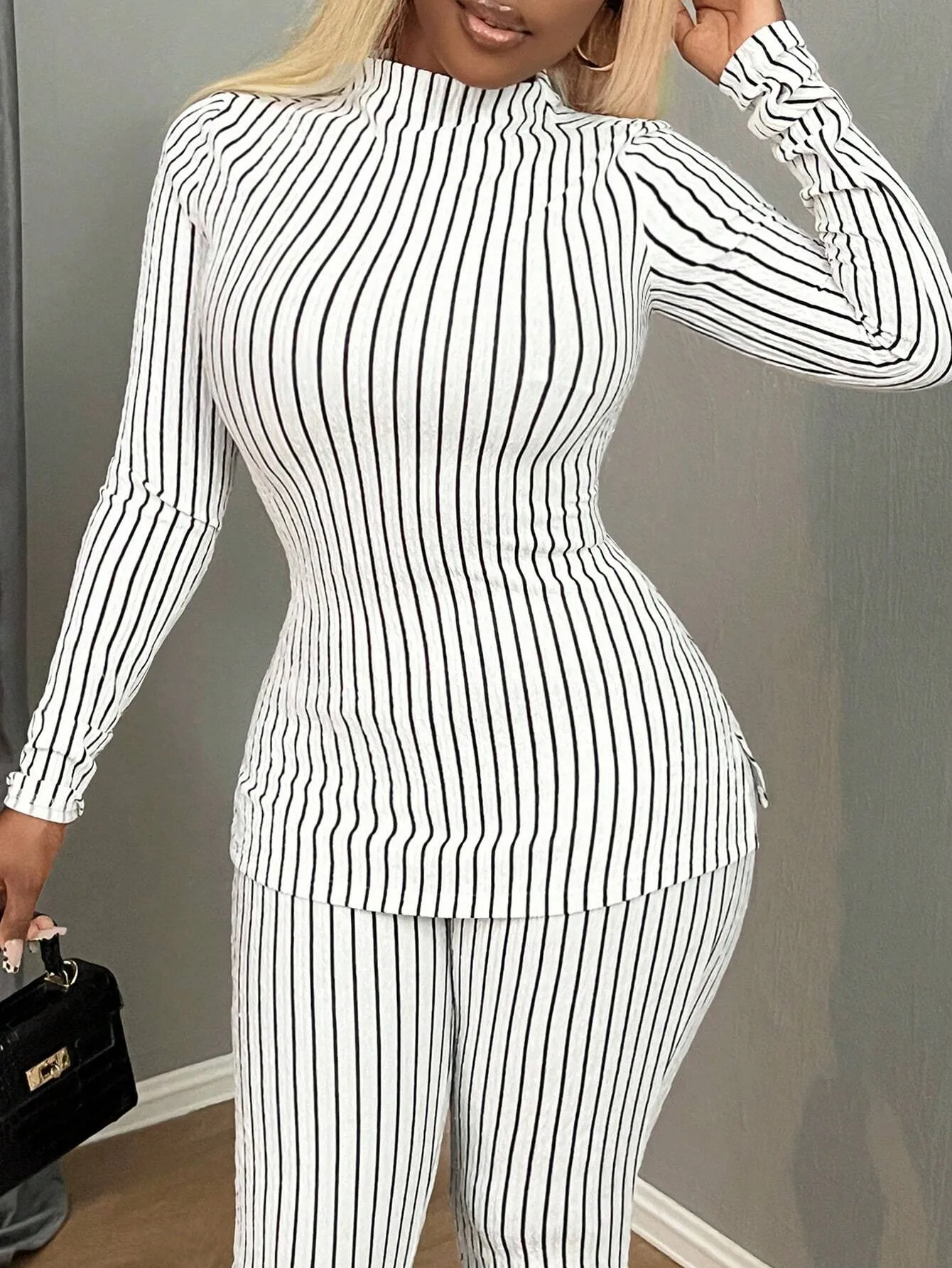 2pcs Women Black & White Striped Casual Homewear Set - T-Shirt And Leggings, For Autumn