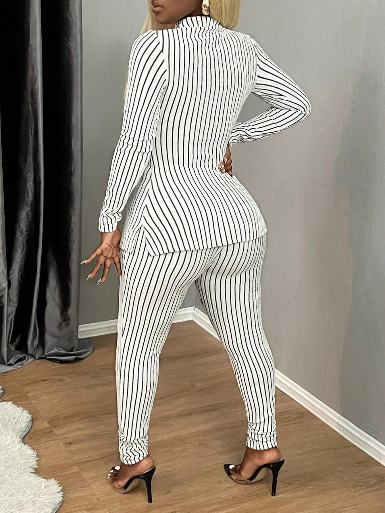 2pcs Women Black & White Striped Casual Homewear Set - T-Shirt And Leggings, For Autumn