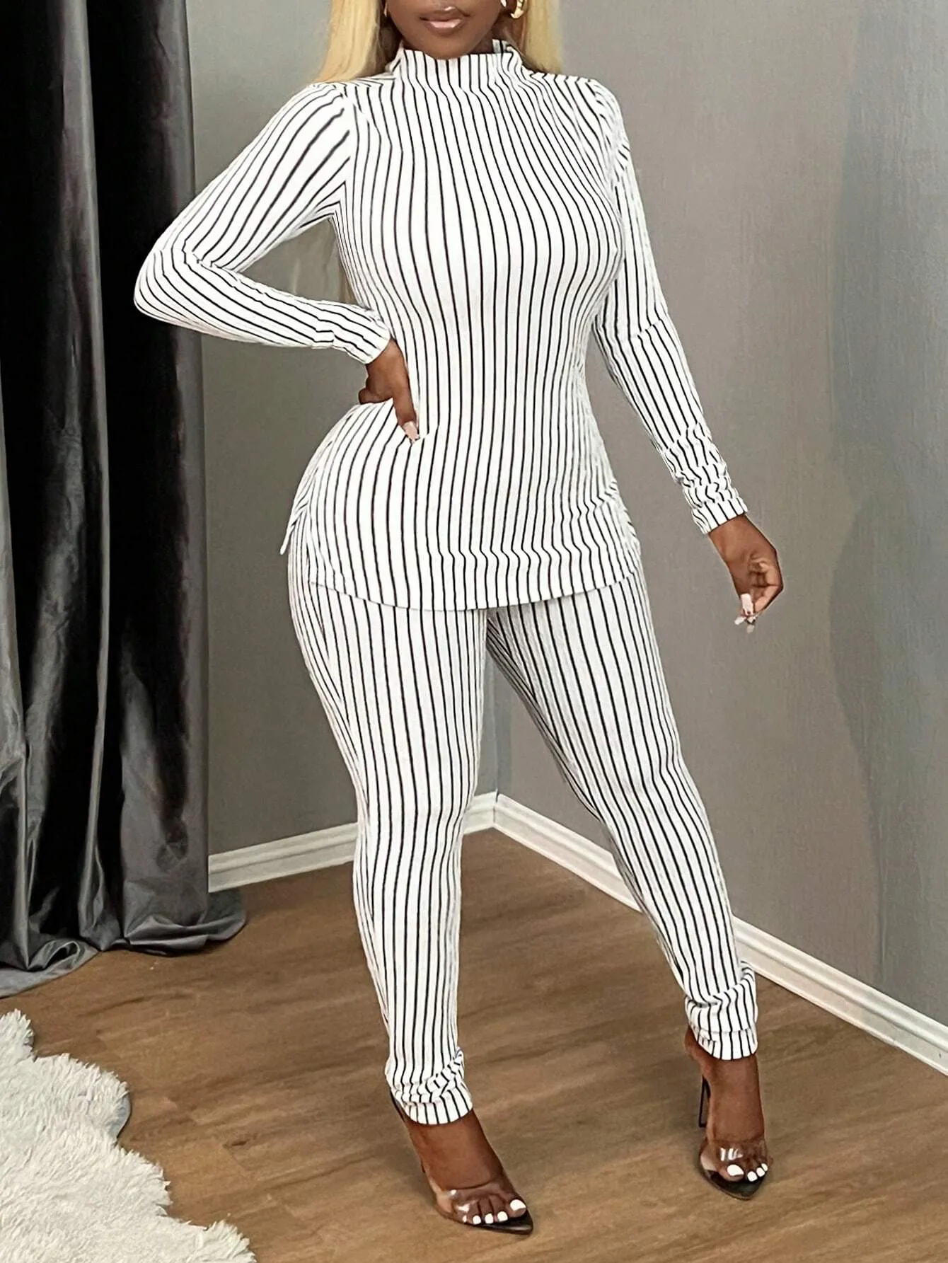 2pcs Women Black & White Striped Casual Homewear Set - T-Shirt And Leggings, For Autumn