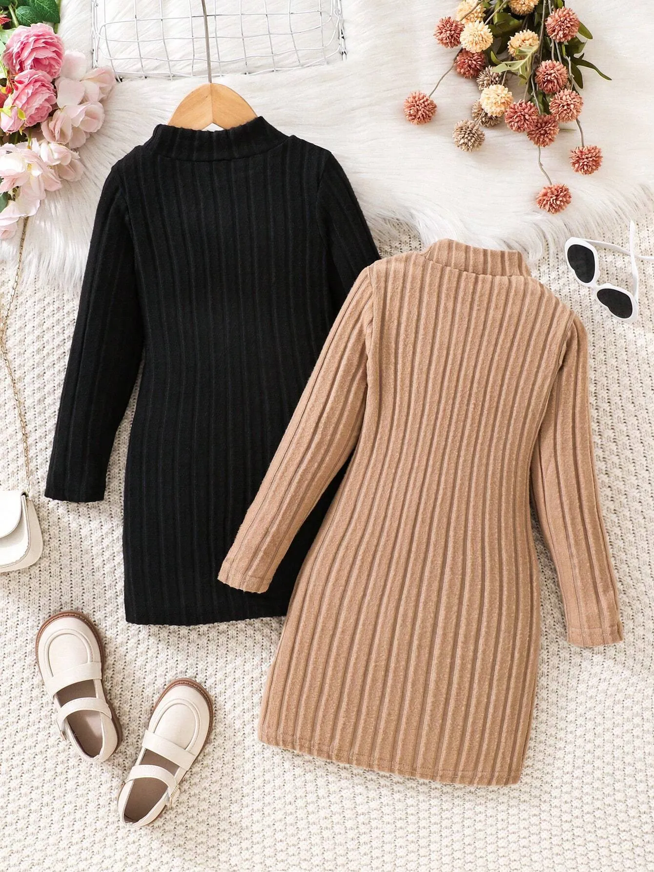 2pcs Young Girls Crew Neck Solid Color Knit Dress, Autumn & Winter