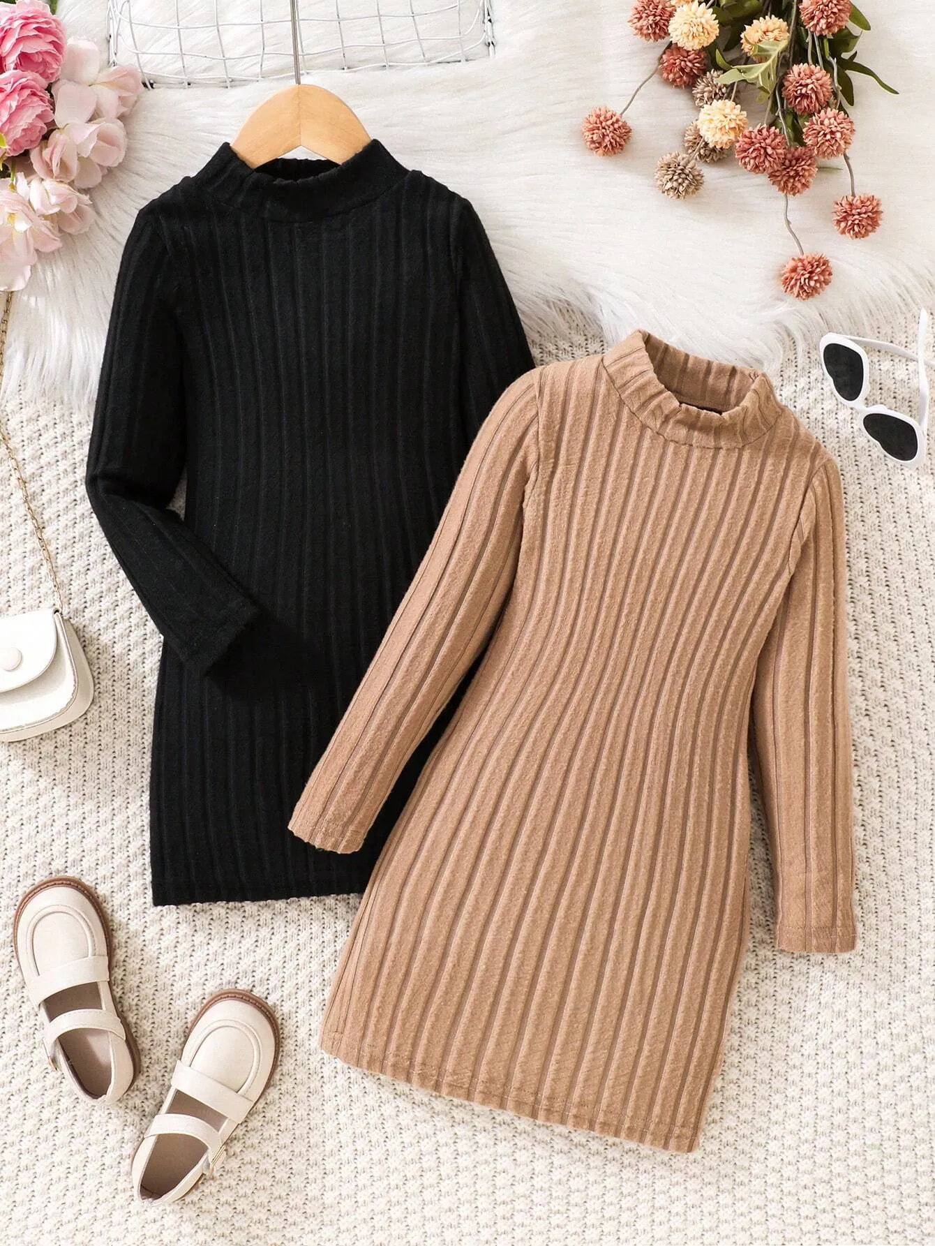 2pcs Young Girls Crew Neck Solid Color Knit Dress, Autumn & Winter