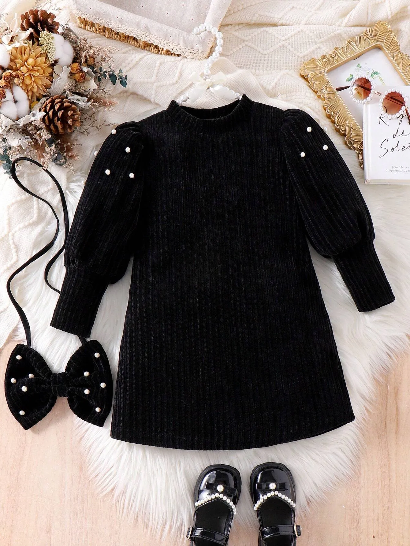 2pcs/Set Girls Solid Color Long Sleeve Pearl Collar Puff Sleeve Dress & Crossbody Bag