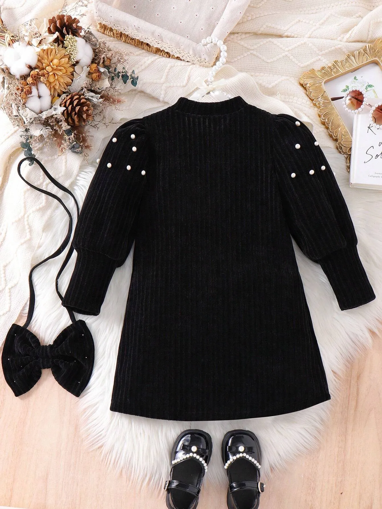 2pcs/Set Girls Solid Color Long Sleeve Pearl Collar Puff Sleeve Dress & Crossbody Bag