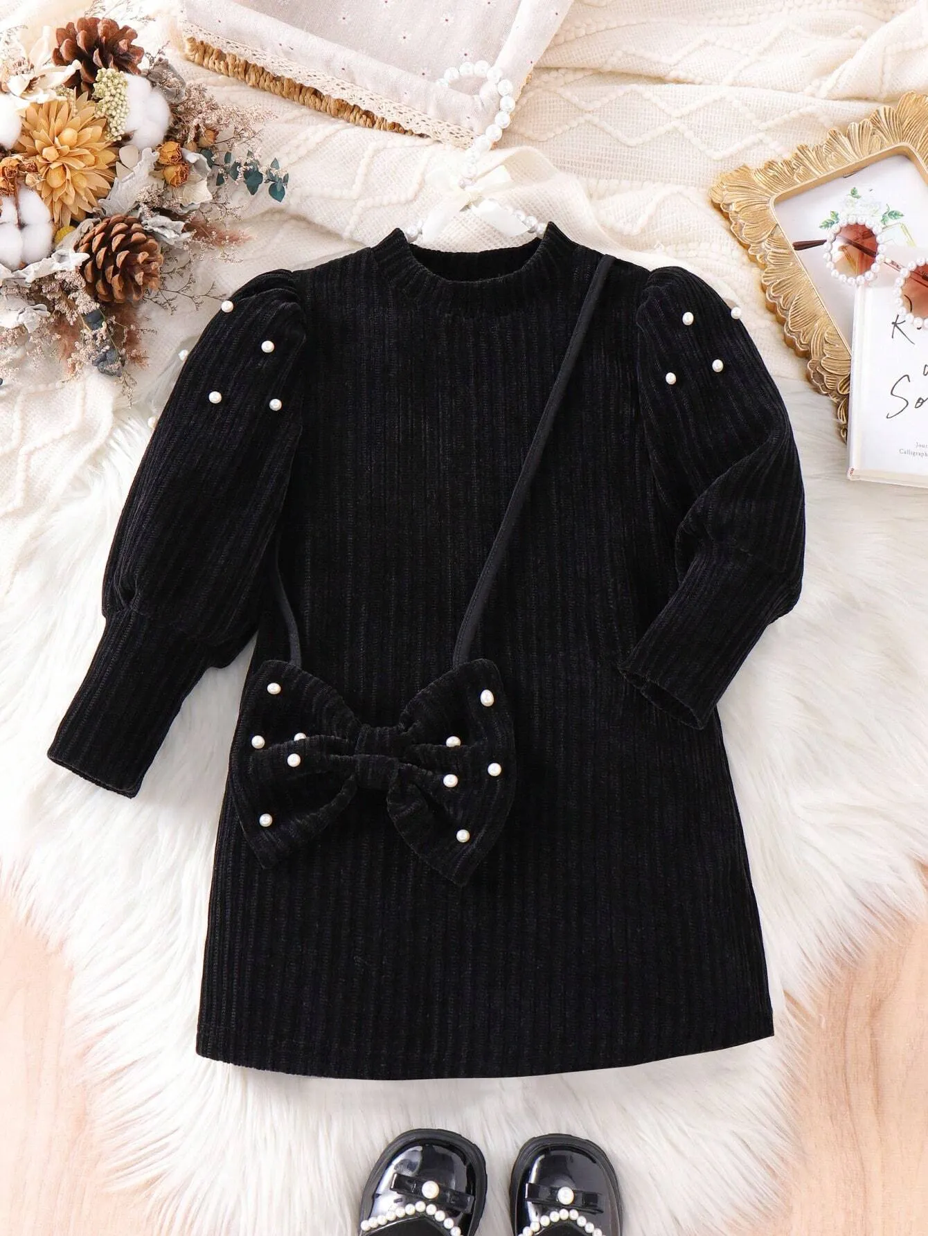 2pcs/Set Girls Solid Color Long Sleeve Pearl Collar Puff Sleeve Dress & Crossbody Bag