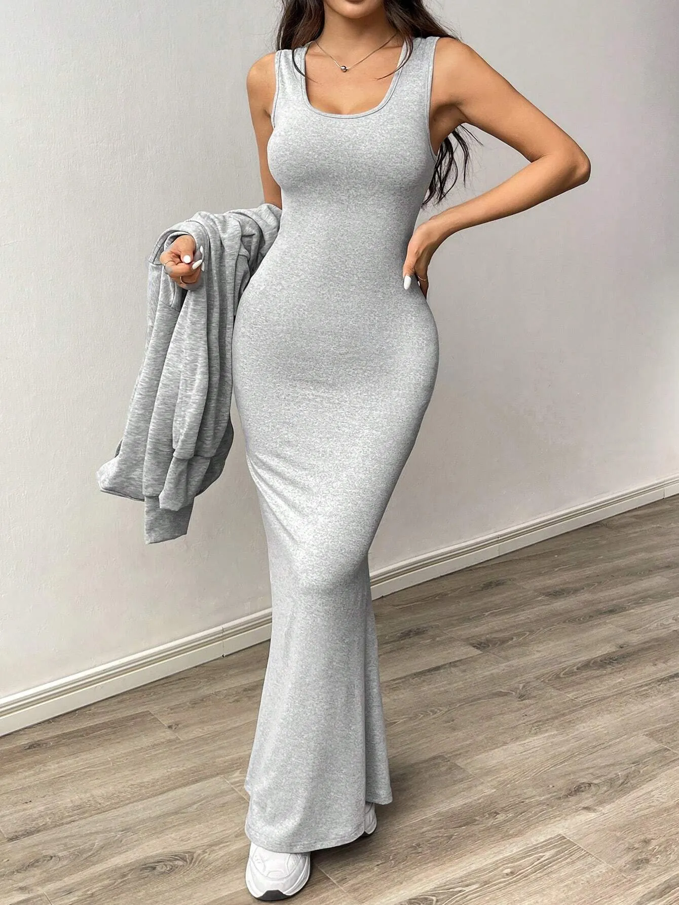 2pcs/Set Gray Round Neck Sleeveless Dress And Zip-Up Hoodie Sweatshirt Set