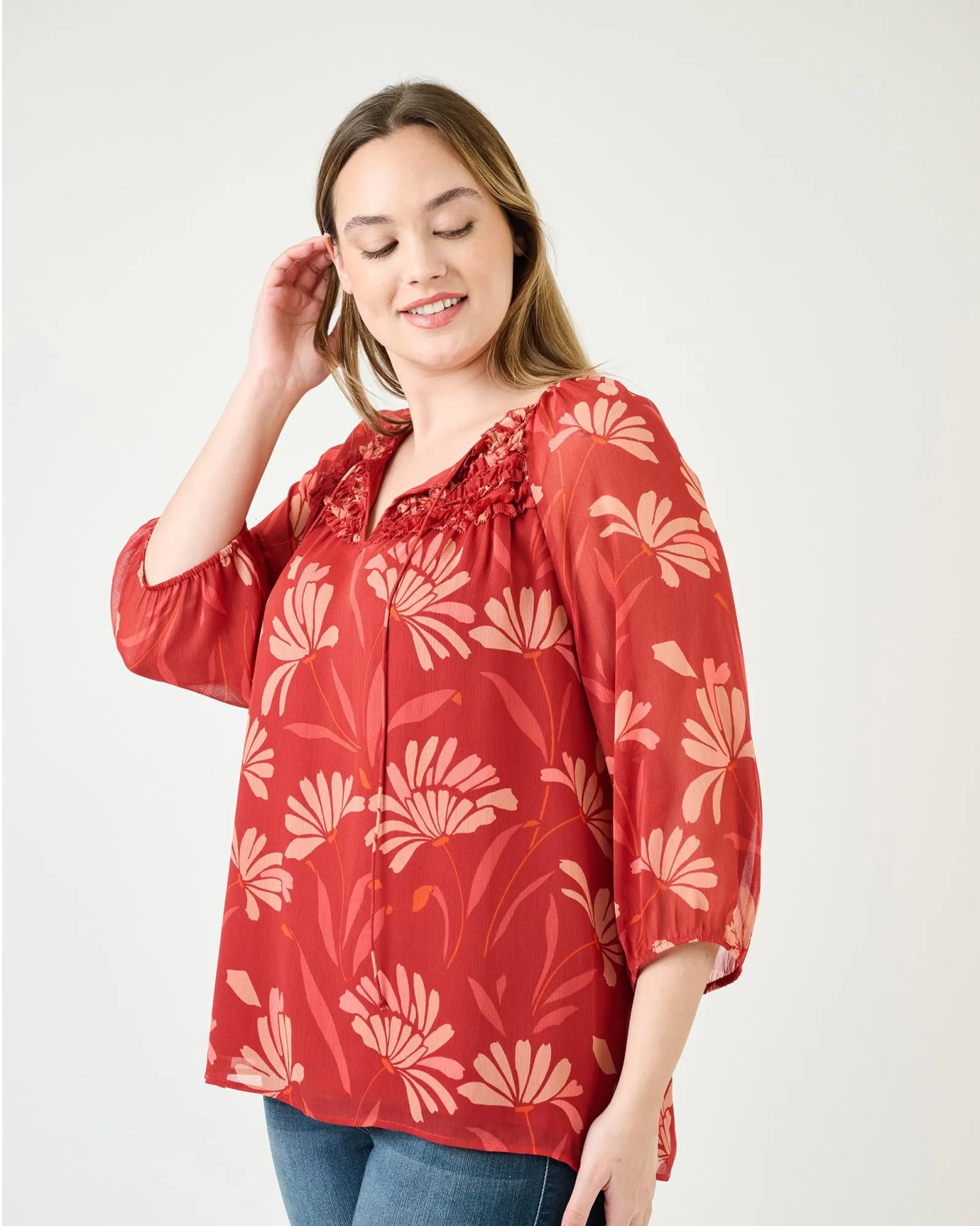 Adalee 3/4 Sleeve Floral Top | N681 Wine