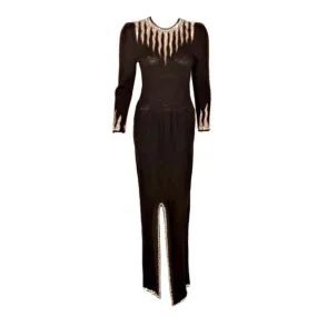 ADOLFO Black Knit Evening Gown with Rhinestone Hemline Details Size 6