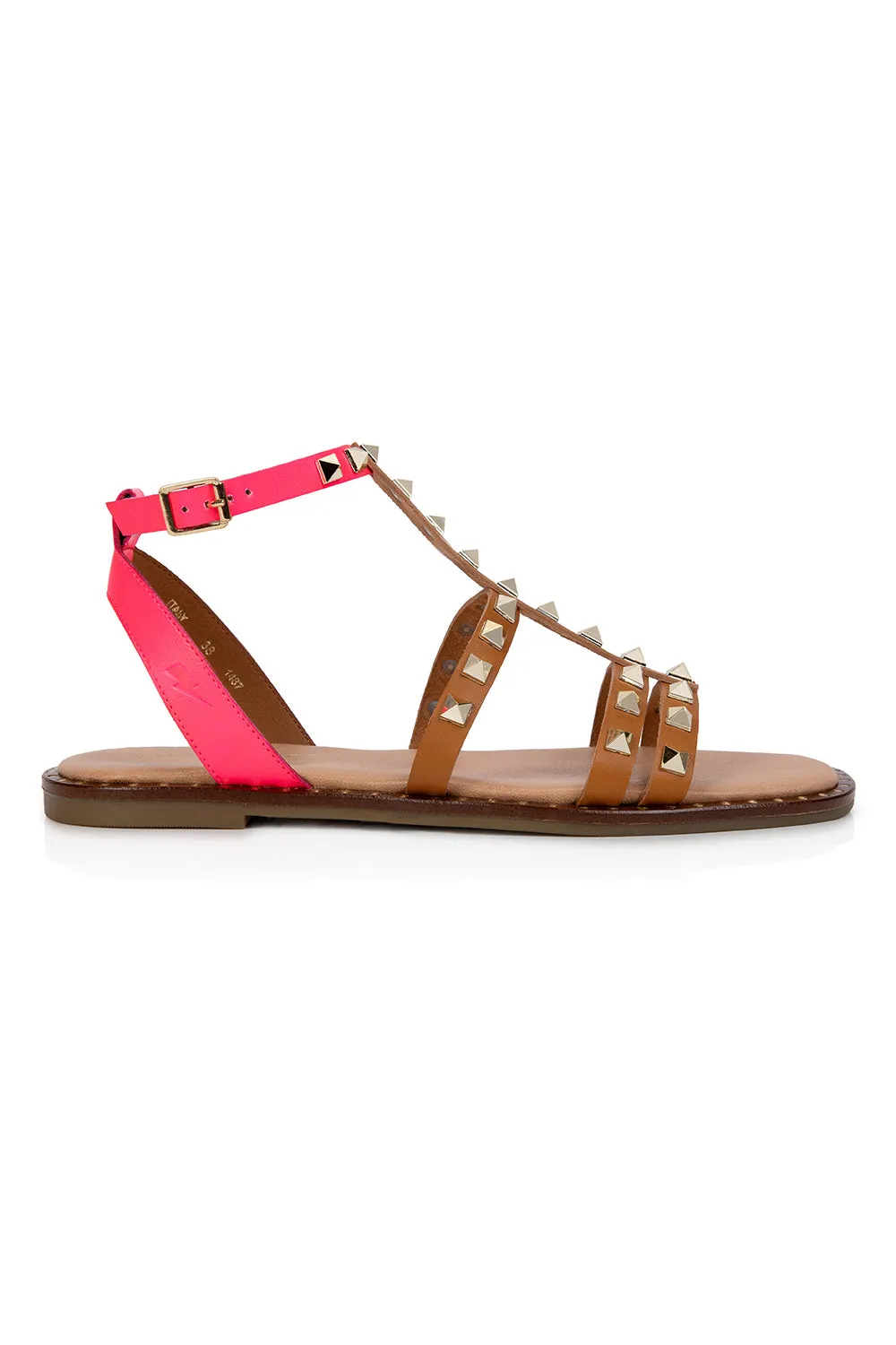 Air & Grace x Scamp & Dude Aurora: Tan and Coral Leather Studded Gladiator Sandals