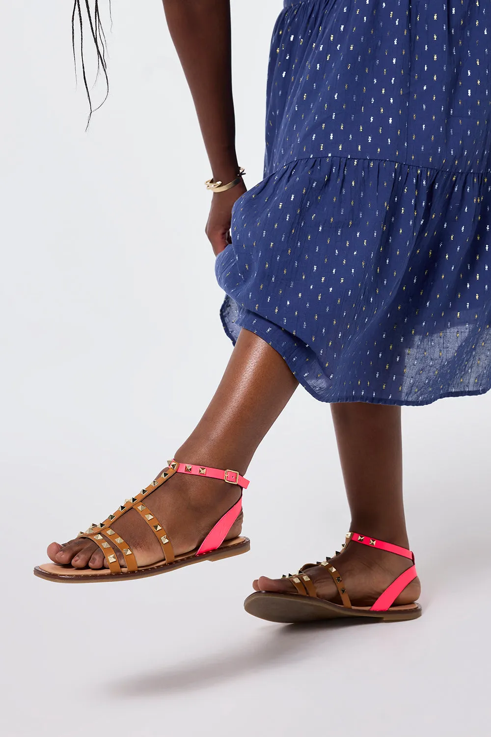 Air & Grace x Scamp & Dude Aurora: Tan and Coral Leather Studded Gladiator Sandals