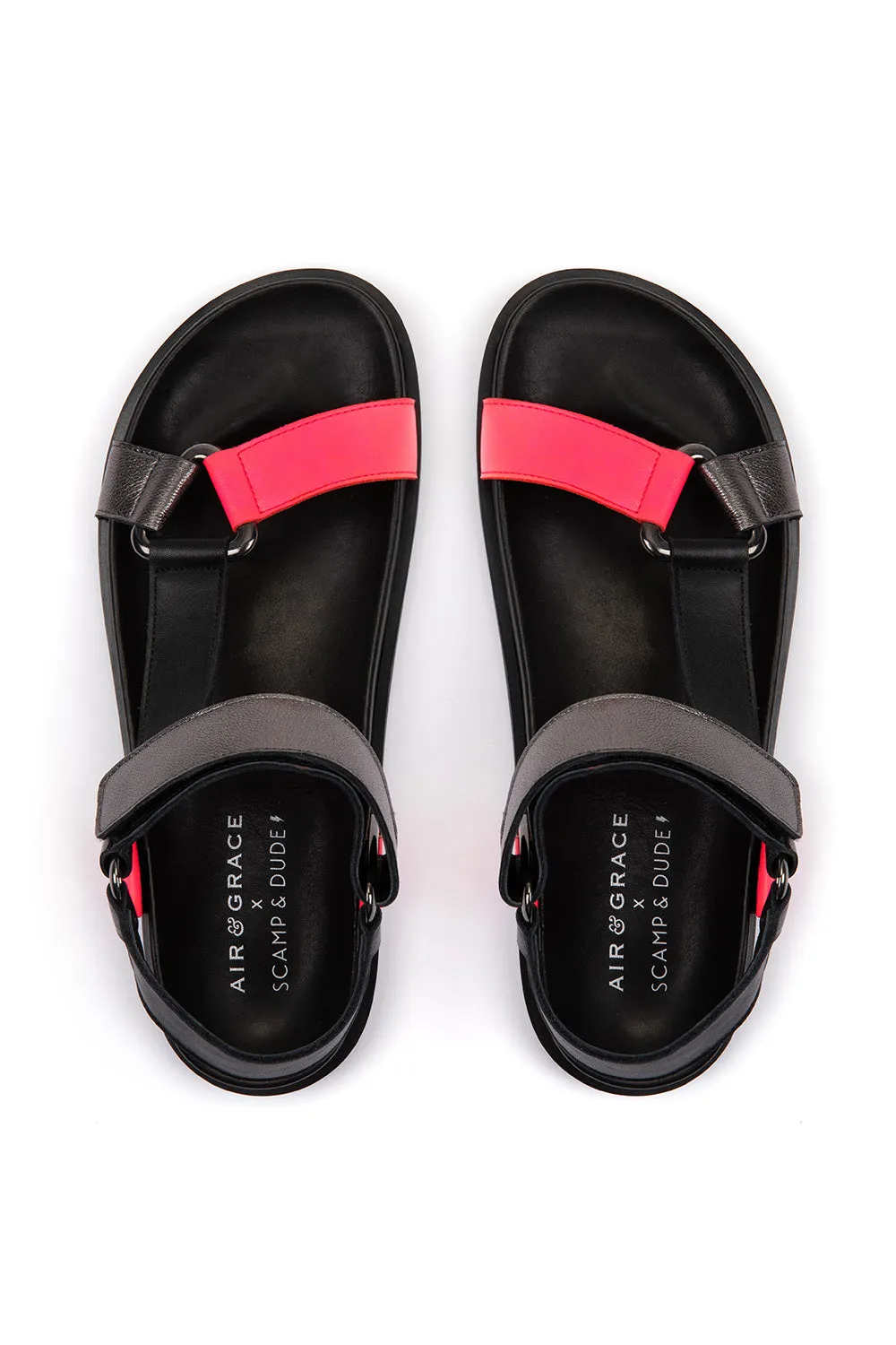 Air & Grace x Scamp & Dude Cleo: Black, Silver and Pink Velcro Sandals