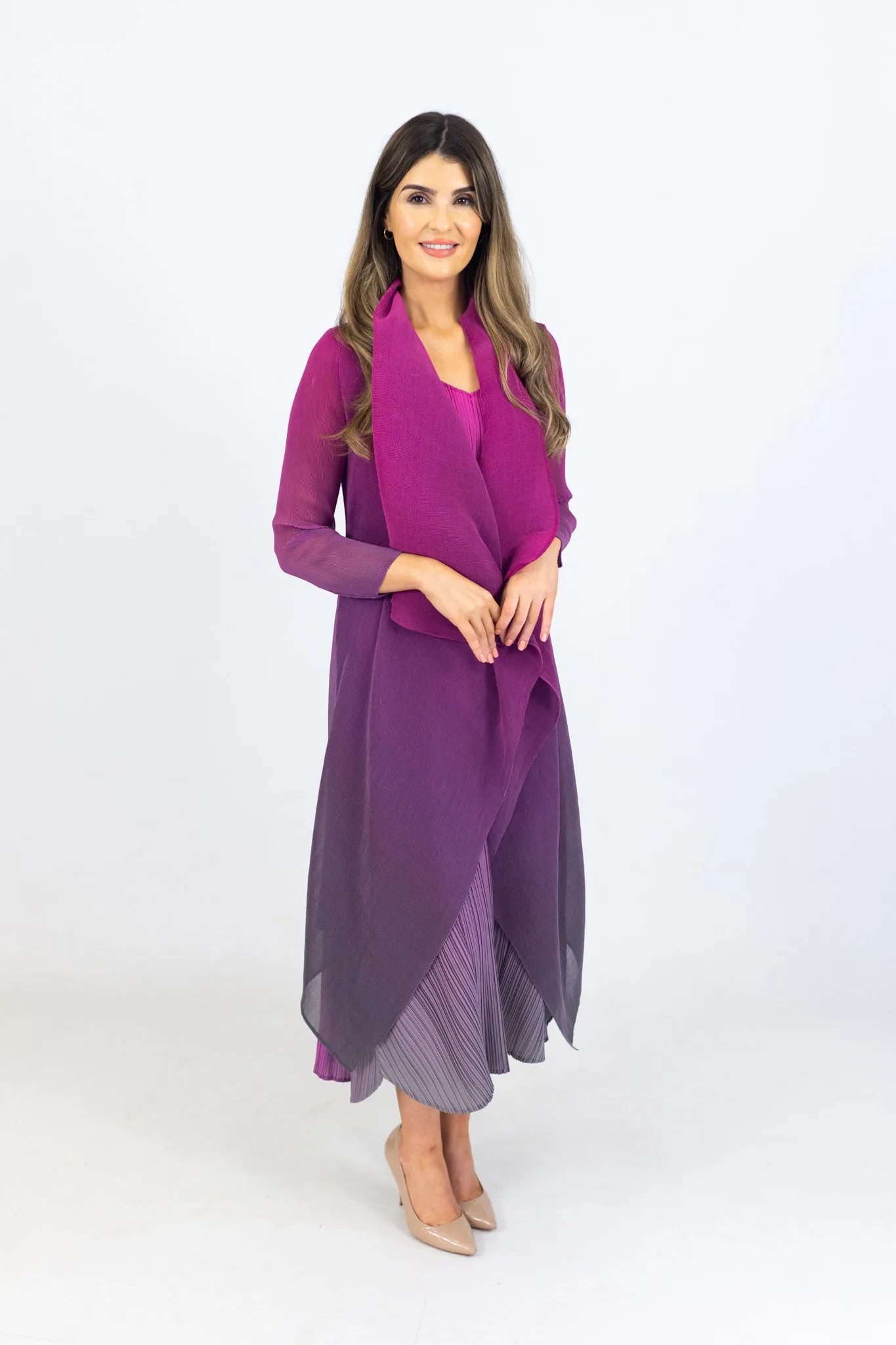 Alquema Long Collar Fuscia Ombre Dress And Collare Coat