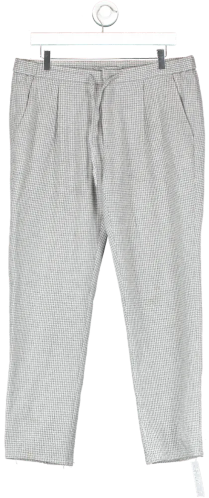 ANGELICO Wool And Cashmere Light Grey Houndstooth Drawstring Ames Trousers W34