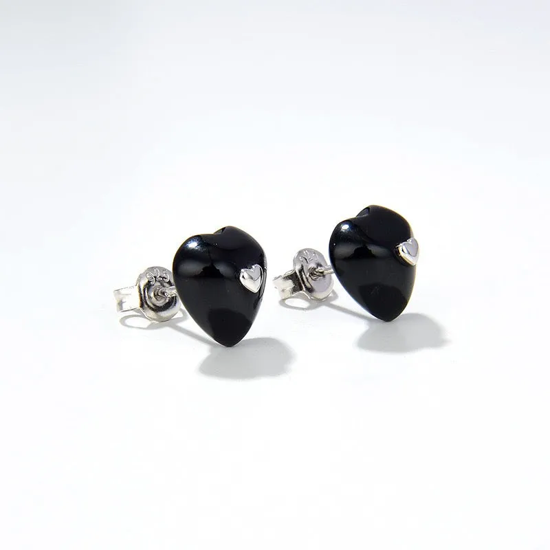 Black Agate Heart Necklace Earrings (Purchase Individually)