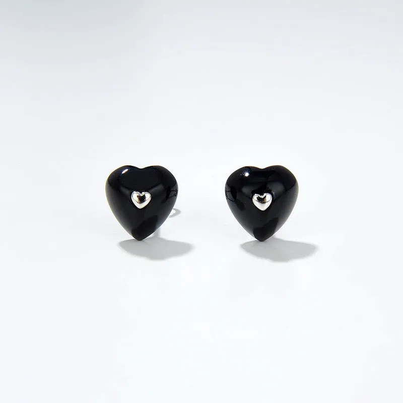 Black Agate Heart Necklace Earrings (Purchase Individually)