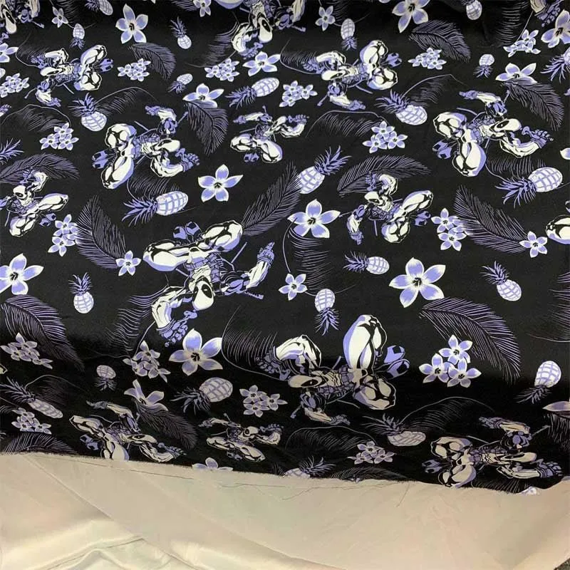 Blue Flowers And Black Hawaiian Soft Flowy Floral Rayon Challis Fabric For Kids Draping Clothing