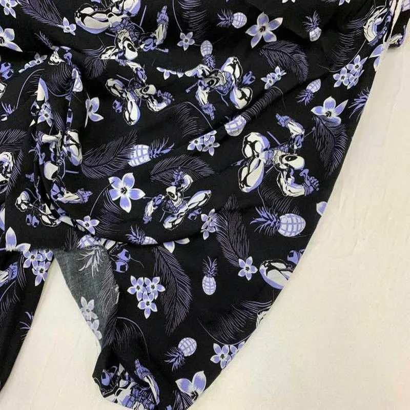 Blue Flowers And Black Hawaiian Soft Flowy Floral Rayon Challis Fabric For Kids Draping Clothing