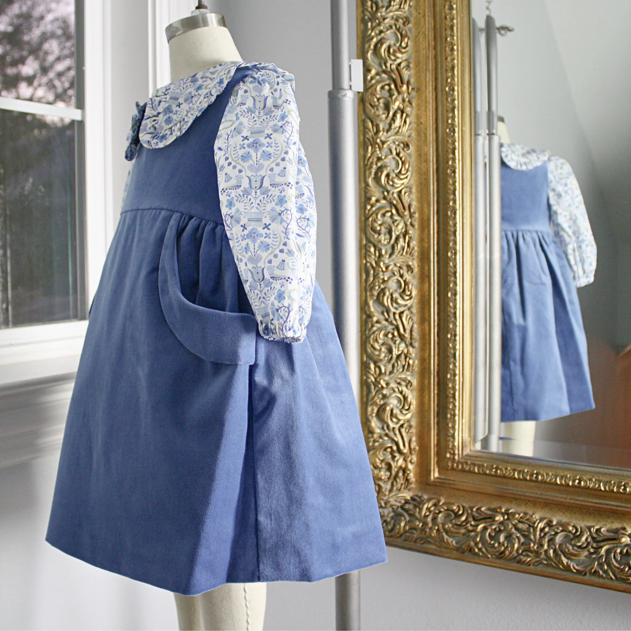 Blue Velveteen Dress with Love Birds Liberty London Blouse - Size 12M only