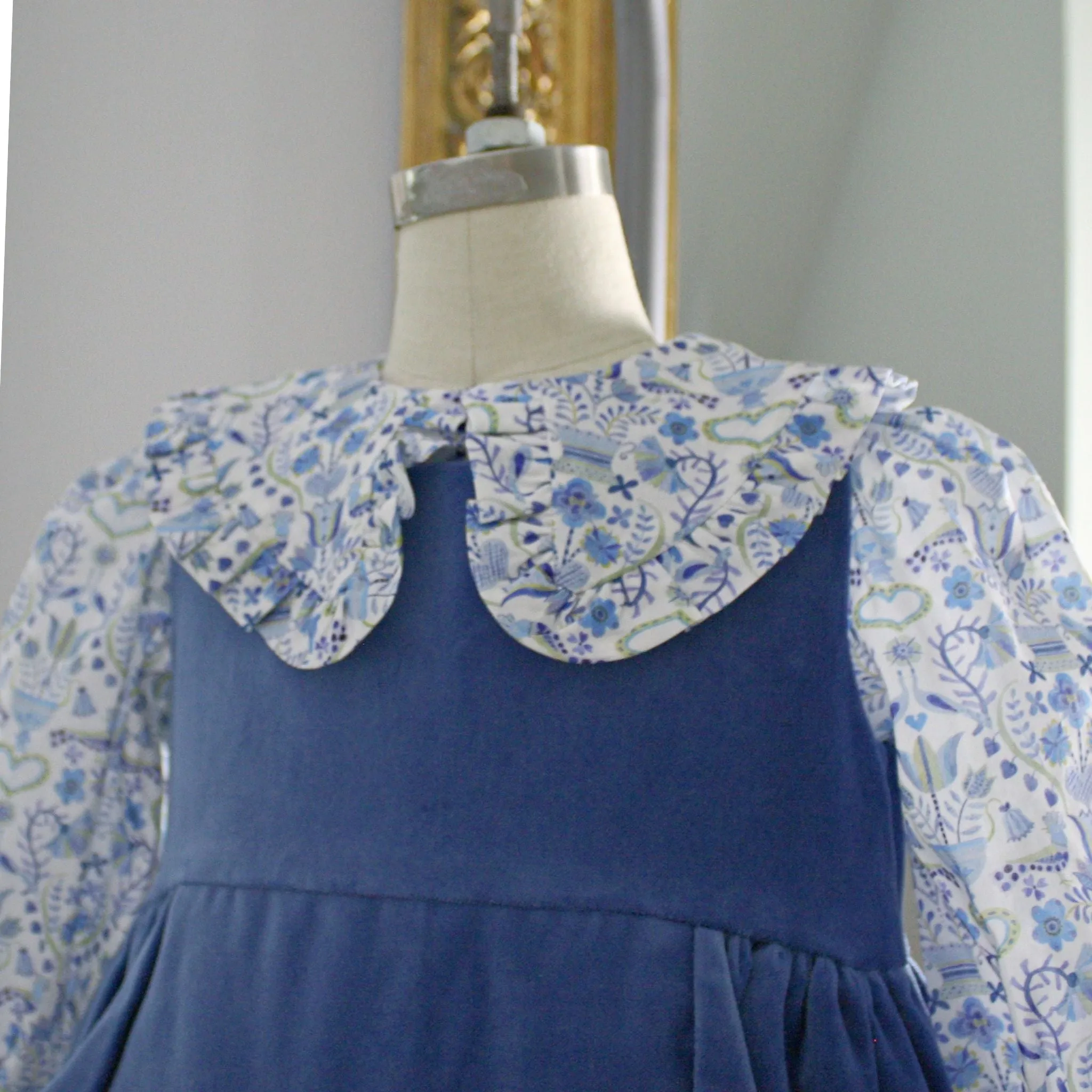 Blue Velveteen Dress with Love Birds Liberty London Blouse - Size 12M only