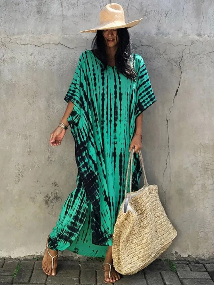 Bohemian Caftan, Bohemian Kaftan, Retro Striped Tie Dye Women Swimsuit Cover Up Bikini Wrap Beach Dress, Beachwear Kimono Kaftan