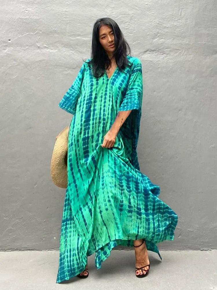 Bohemian Caftan, Bohemian Kaftan, Retro Striped Tie Dye Women Swimsuit Cover Up Bikini Wrap Beach Dress, Beachwear Kimono Kaftan