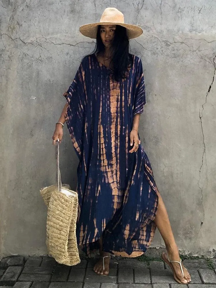 Bohemian Caftan, Bohemian Kaftan, Retro Striped Tie Dye Women Swimsuit Cover Up Bikini Wrap Beach Dress, Beachwear Kimono Kaftan