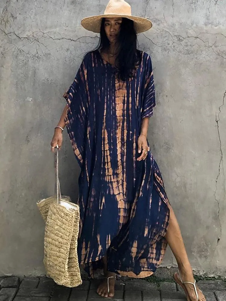 Bohemian Caftan, Bohemian Kaftan, Retro Striped Tie Dye Women Swimsuit Cover Up Bikini Wrap Beach Dress, Beachwear Kimono Kaftan