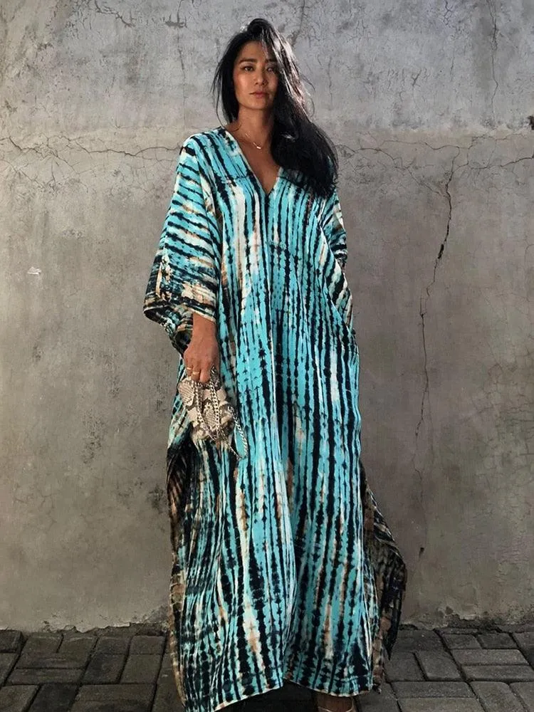 Bohemian Caftan, Bohemian Kaftan, Retro Striped Tie Dye Women Swimsuit Cover Up Bikini Wrap Beach Dress, Beachwear Kimono Kaftan