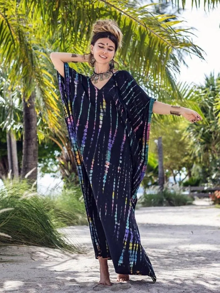 Bohemian Caftan, Bohemian Kaftan, Retro Striped Tie Dye Women Swimsuit Cover Up Bikini Wrap Beach Dress, Beachwear Kimono Kaftan