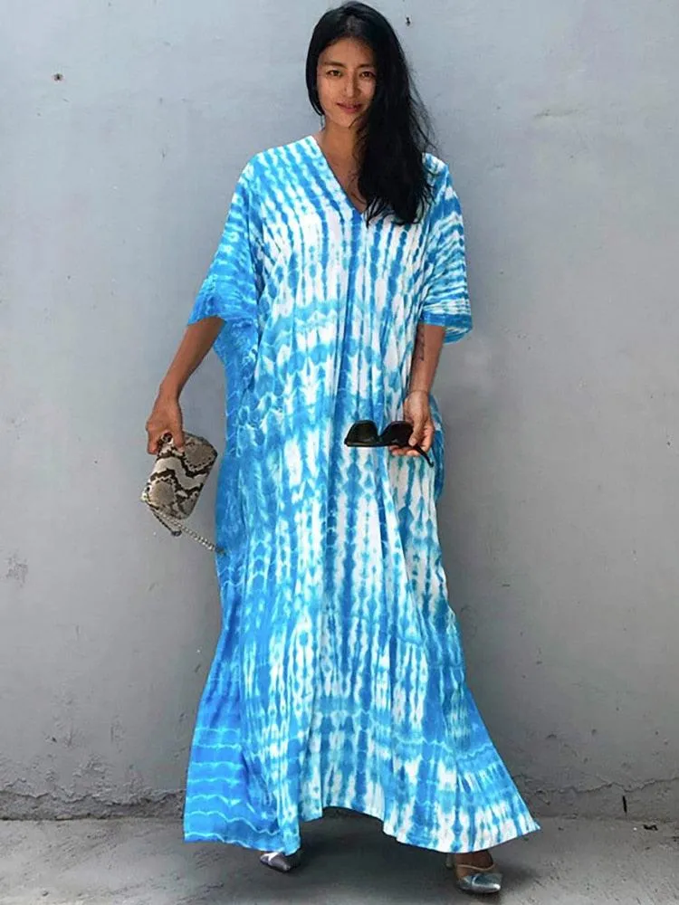 Bohemian Caftan, Bohemian Kaftan, Retro Striped Tie Dye Women Swimsuit Cover Up Bikini Wrap Beach Dress, Beachwear Kimono Kaftan