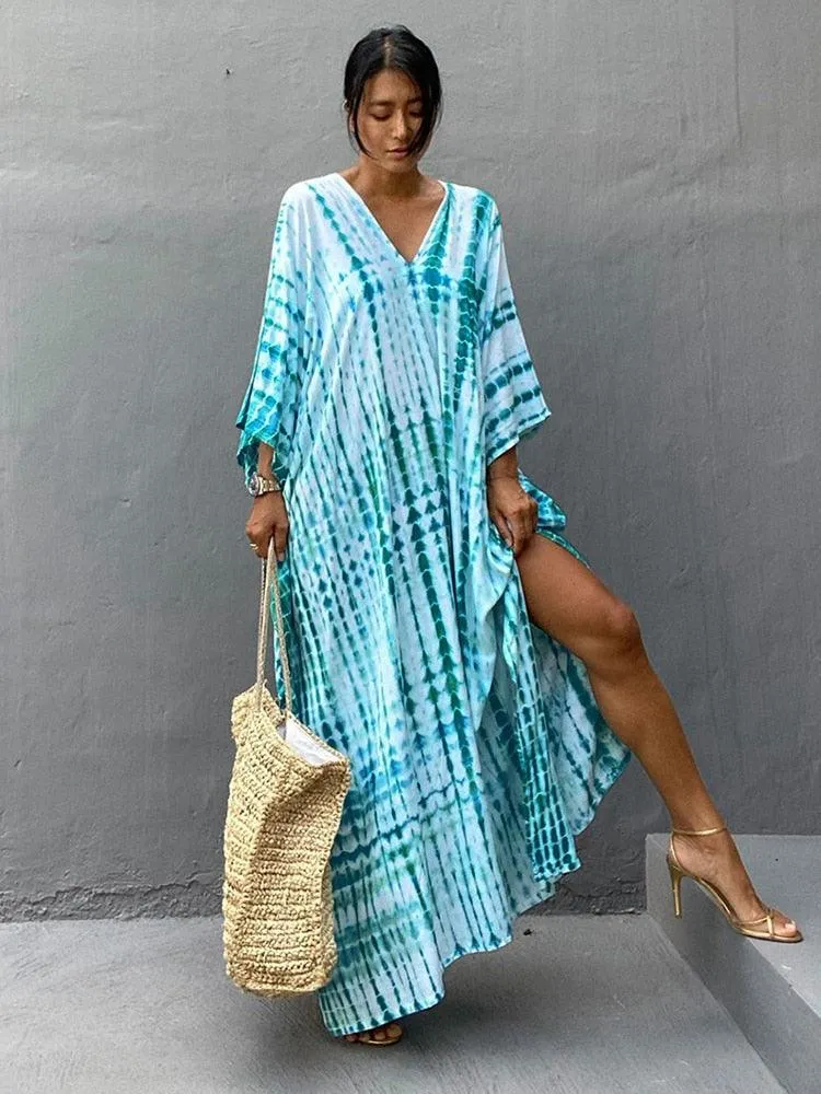 Bohemian Caftan, Bohemian Kaftan, Retro Striped Tie Dye Women Swimsuit Cover Up Bikini Wrap Beach Dress, Beachwear Kimono Kaftan