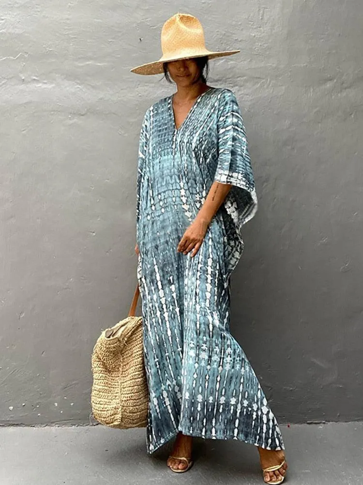 Bohemian Caftan, Bohemian Kaftan, Retro Striped Tie Dye Women Swimsuit Cover Up Bikini Wrap Beach Dress, Beachwear Kimono Kaftan