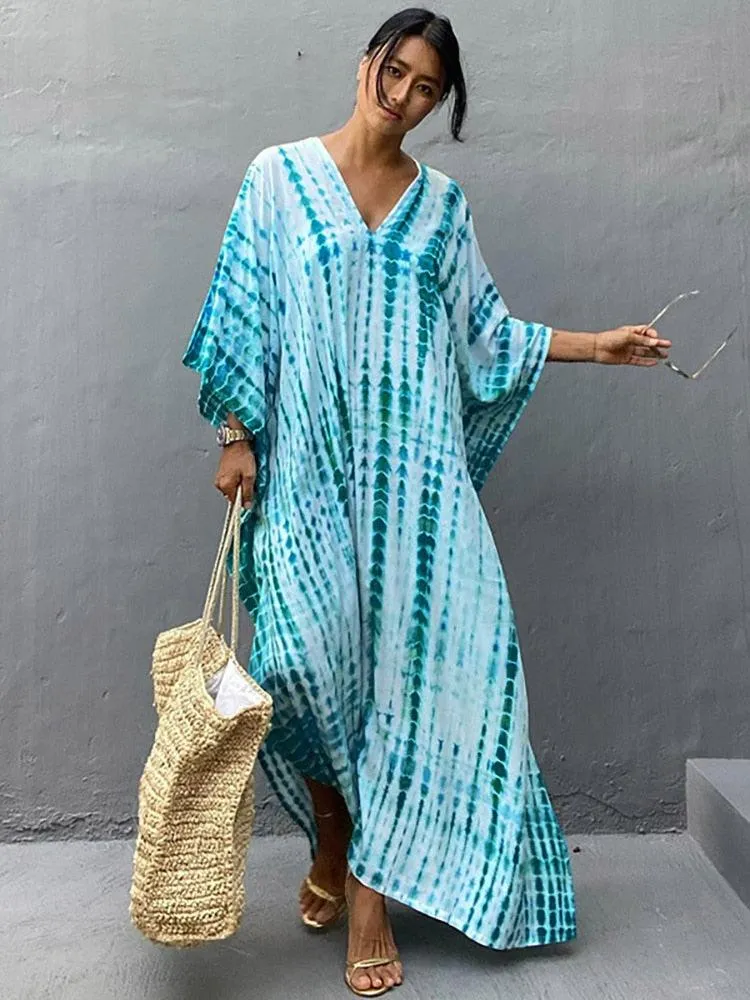 Bohemian Caftan, Bohemian Kaftan, Retro Striped Tie Dye Women Swimsuit Cover Up Bikini Wrap Beach Dress, Beachwear Kimono Kaftan