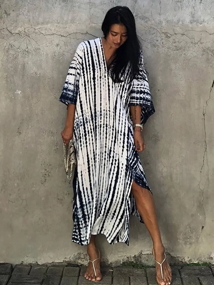 Bohemian Caftan, Bohemian Kaftan, Retro Striped Tie Dye Women Swimsuit Cover Up Bikini Wrap Beach Dress, Beachwear Kimono Kaftan