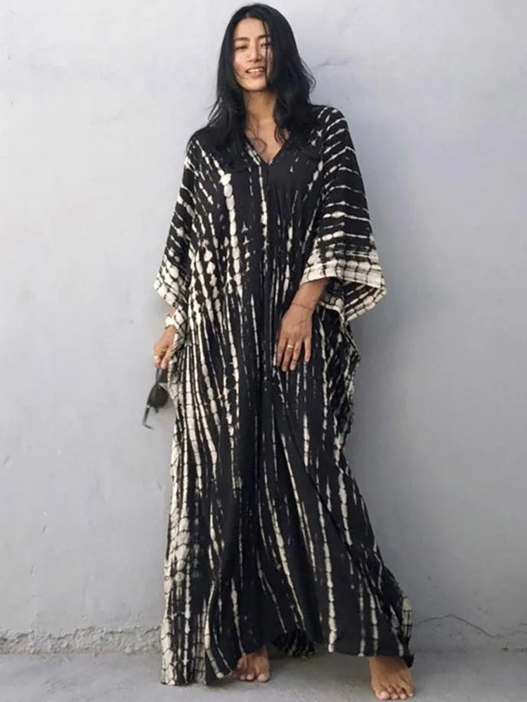 Bohemian Caftan, Bohemian Kaftan, Retro Striped Tie Dye Women Swimsuit Cover Up Bikini Wrap Beach Dress, Beachwear Kimono Kaftan