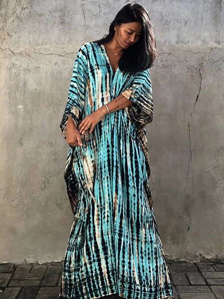 Bohemian Caftan, Bohemian Kaftan, Retro Striped Tie Dye Women Swimsuit Cover Up Bikini Wrap Beach Dress, Beachwear Kimono Kaftan