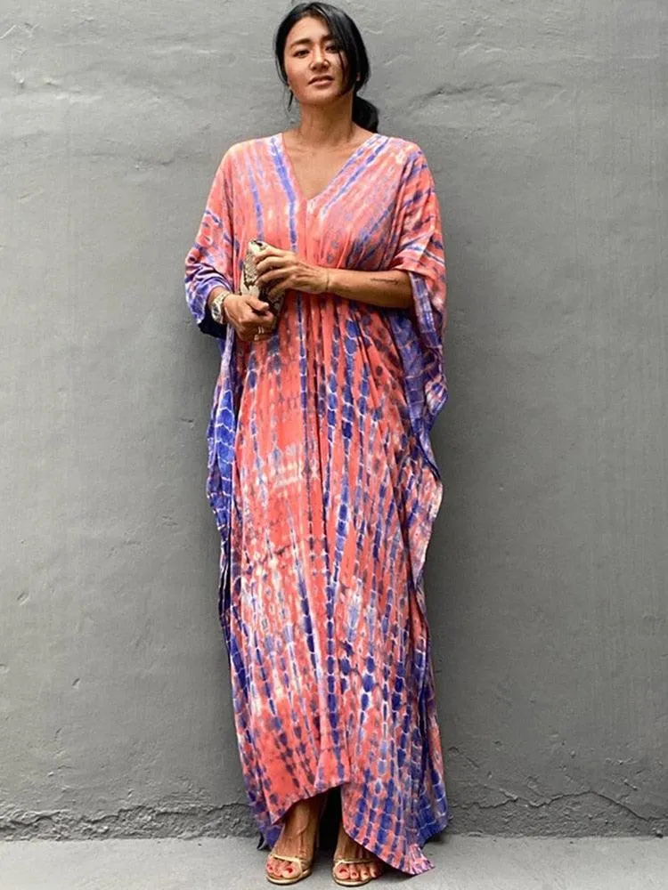 Bohemian Caftan, Bohemian Kaftan, Retro Striped Tie Dye Women Swimsuit Cover Up Bikini Wrap Beach Dress, Beachwear Kimono Kaftan